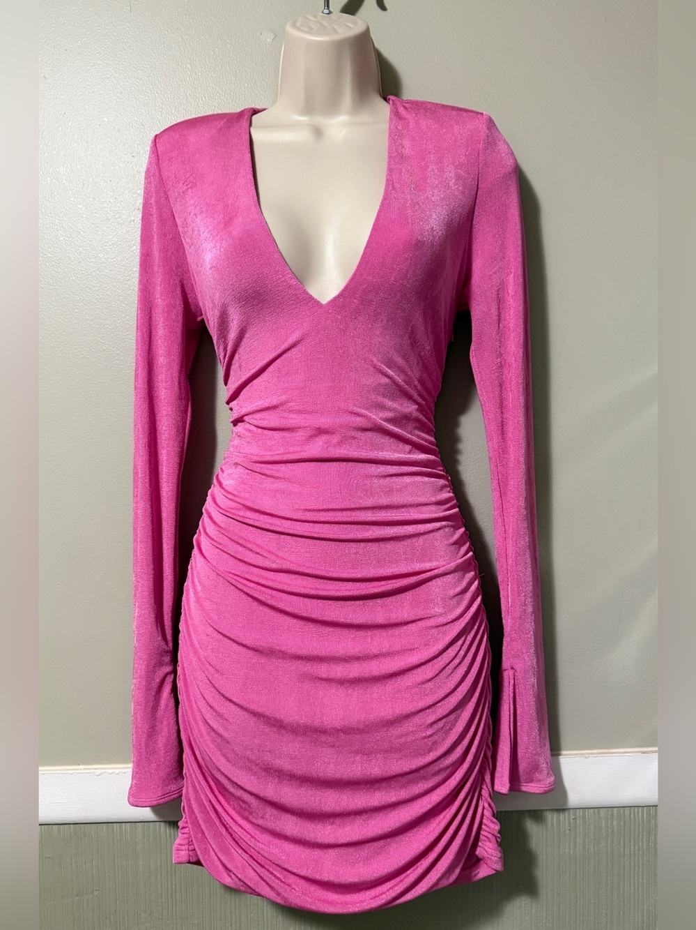 SER.O.YA Pink Deep V-Neck Ruched Mini Dress—Sample - Picture 2 of 6